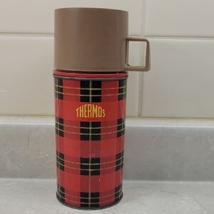 Thermos Classic Red and Black Plaid Bottle with Brown Cap Vintage